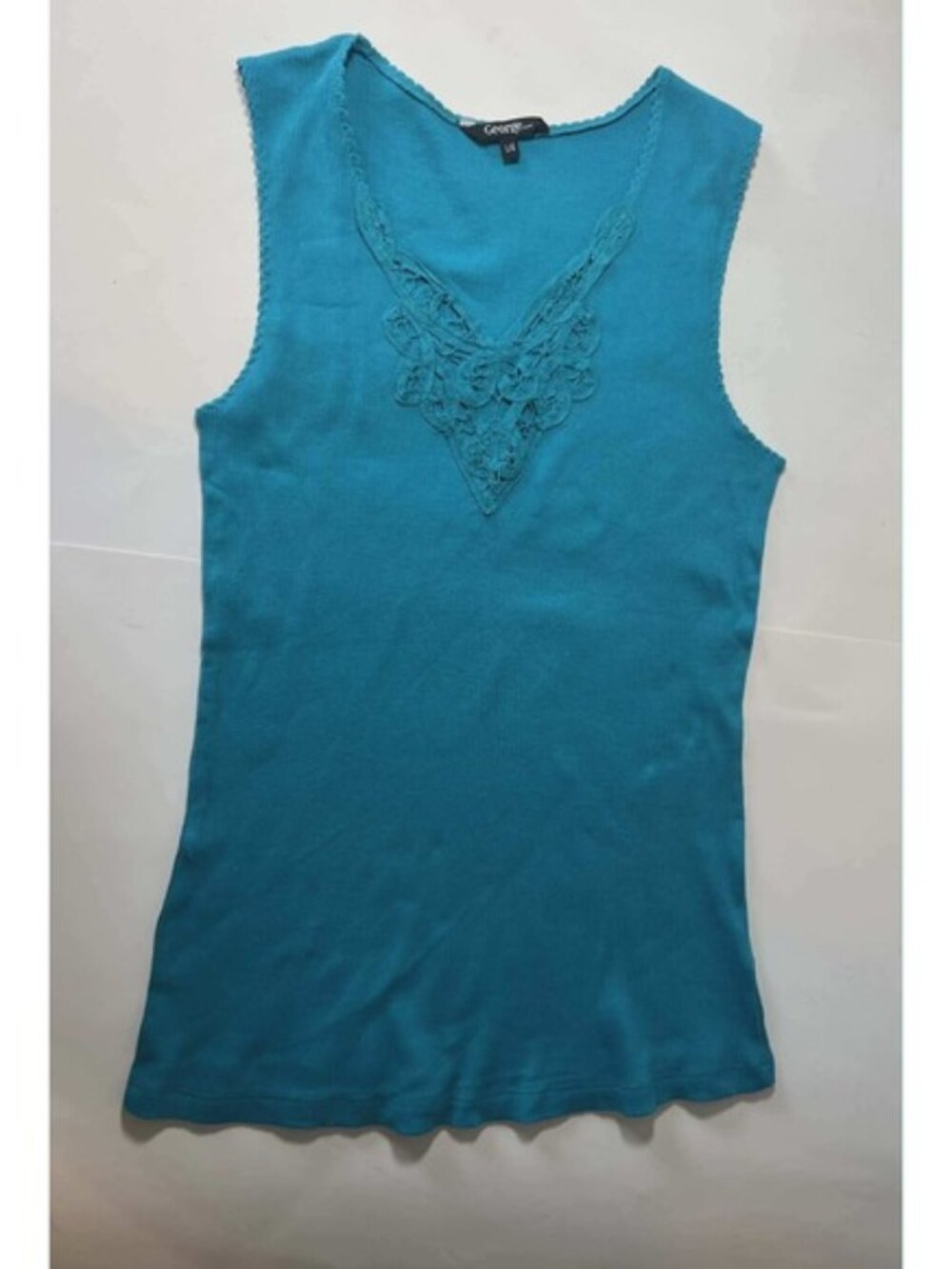George Teal Blue‎ Ribbed Tank Top Crochet Lace V-Neck Sleeveless L/G